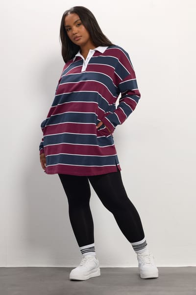 Yours Burgundy Red Stripe Rugby Collar Tuniek Top Size 42