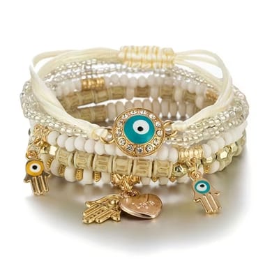 Sorprese Amara Armbandenset Dames - 6 Delige Armband Set - Bohemian Kralenarmband met Bedels - Verstelbare Armbandjes - Ivory - Model ZZ