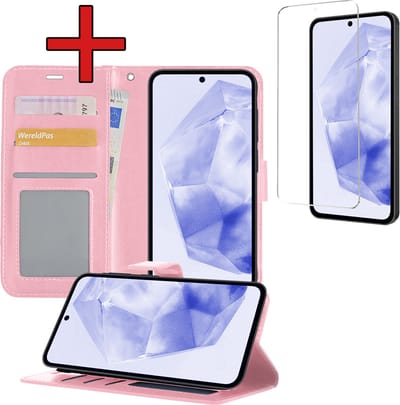 Hoesje - Met Screenprotector - Geschikt voor Samsung Galaxy A35 - Luxe Pasjeshouder - Flipcase - Bookcase Portemonee - Flip Case - Kunstleer Book Case - Book Cover - Walletcase - Portemonneehoes - Telefoonhoes - Lichtroze