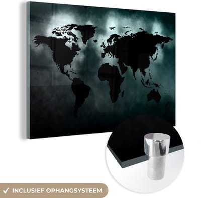 ® Glasschilderij 120x80 cm - Schilderij acrylglas - Wereldkaart - Zwart - Wit - Foto op glas - Muurdecoratie woonkamer - Wanddecoratie slaapkamer - Schilderijen
