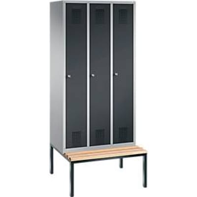 Kapstok Evolo S 3000, staal, met aangebouwde zitbank, 3 compartimenten allebei met B 300 mm, cilinderslot, blank aluminium RAL 9006/antraciet RAL 7016