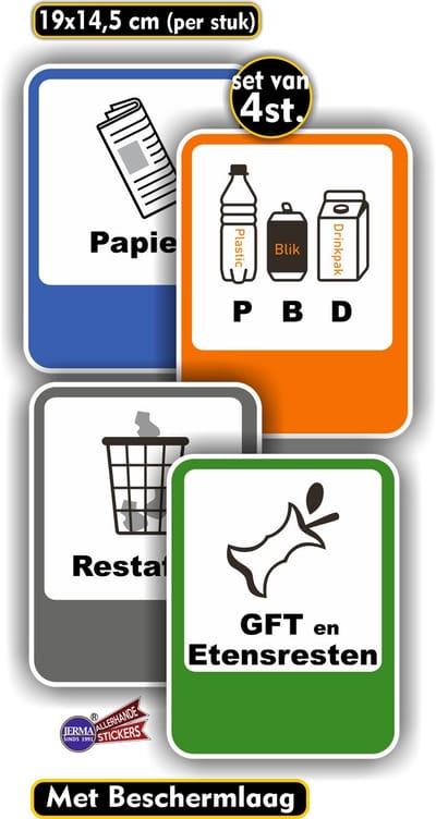 Jerma - Recycling - Kliko - Stickers – Set 4 st – 19x14.5 cm – Weerbestendig - Vinyl - Zelfklevend