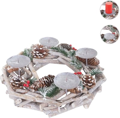 Adventskrans rond, kerstdecoratie tafelkrans, hout Ø 35cm wit-grijs ~ zonder kaarsen