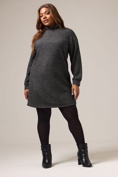 Yours Houtskoolgrijze Geribbelde Truijurk Met Ritshals Size 48
