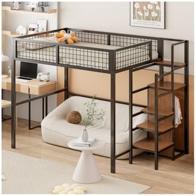 Lit mezzanine - MUVOE - 140x200 cm - Métal - Échelle de sécurité - Rangement intégré blanc