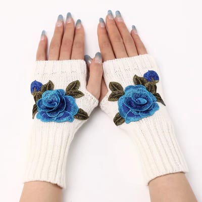 Vingerloze Gebreide Handschoenen voor Dames – Warme Wollen Polswarmers met Geborduurde Bloemen – Herfst Winter Mode Accessoire