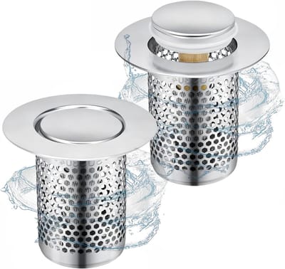 Set van 2 RVS Afvoerfilters 33x50mm met Messing Terugslagmechanisme voor het Vangen van Haar en Geuren in Keukens, Badkamers en Balkons