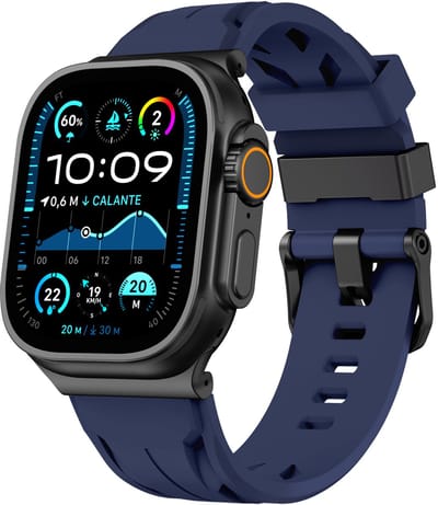 Stravo Siliconen Sportbandje – Sportief Racing Design – Geschikt voor Apple Watch 49mm (Ultra 1/2/3), 46mm (Series 10/11), 45mm (Series 7/8/9), 44mm (Series 4/5/6, SE 1/2/3) – Zacht & Comfortabel – Donkerblauw