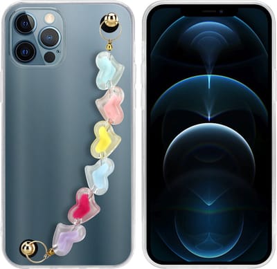 Cadorabo Hoesje geschikt voor Apple iPhone 12 PRO in Transparant met kleurrijke hartjes - Beschermhoes van flexibel TPU silicone Case Cover met polsketting