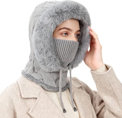 Warme Gebreide Wintermuts met Nekwarmer voor Dames, Winddichte Balaclava, Ski Masker en Fleece Hoofdband met Kap voor Koude Dagen, Comfortabele en Zachte Sjaal