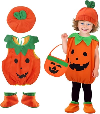 Halloween Pompoen Kostuum Set voor Kinderen met Hoed, Snoepzak en Schoenen voor Feestjes en Carnavals, 3-4 Jaar, Oranje, Geschikt voor Cosplay en Halloween Activiteiten