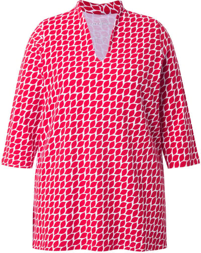 Ulla Popken - Dames - Shirt gobletkraag A-lijn 3/4-mouwen Pima-katoen - Salsa - Maat 46+