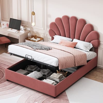 MODFU Bedframe 140x200 cm – gestoffeerd fluweel roze – met bloemvormig hoofdbord en hydraulische opbergruimte – romantisch design