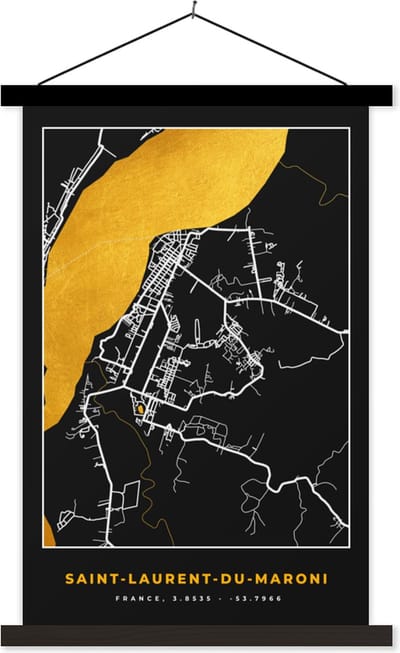 Posterhanger incl. Poster 40x60 cm - Schoolplaat - Saint-Laurent-Du-Maroni – Plattegrond – Frankrijk – Kaart – Stadskaart - Textielposter - Zwarte latten - Stadskaart