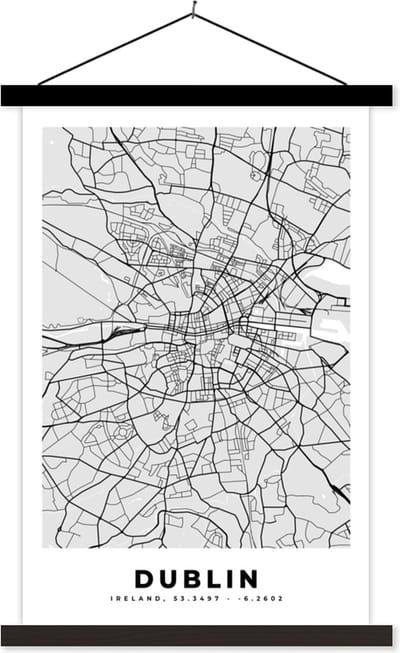Posterhanger incl. Poster 40x60 cm - Schoolplaat - Dublin - Stadskaart - Zwart Wit - Plattegrond - Kaart - Textielposter - Zwarte latten - Stadskaart
