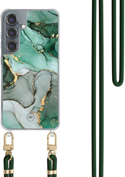 Hoesje met koord geschikt voor Samsung Galaxy S25 - Marble Design - Inclusief Groen koord - Crossbody beschermhoes - Transparant, Grijs, Groen - Mooie Telefoonhoesjes