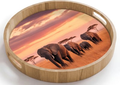 Dienblad rond 40x40 cm - Schootdienblad hout - Groep olifanten - Open vlakte - Zon - Borrelplank rechthoek - Plateau houten dienbladen