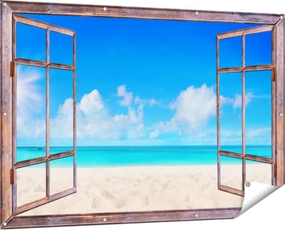 Gards Tuinposter Doorkijk Strand en Zee met Helder Witte Zand - 150x100 cm - Tuindoek - Tuindecoratie - Wanddecoratie buiten - Tuinschilderij