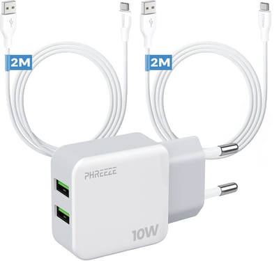 Phreeze usb lader 10 W - Dual usb poorten - Power adapter met 2 usb A naar usb C kabels 2 m - Voor tablet, laptop en controller