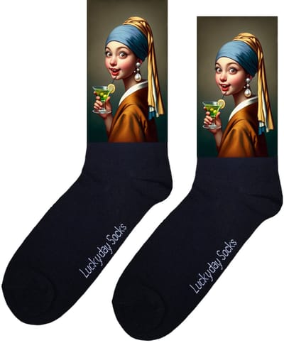 LuckyDay Socks - Kunstsokken Johannes Vermeer - Kunstenaar sokken - Meisje met de parel - Martini - Verjaardag cadeau - Vrolijke sokken - Kunst sokken - Grappige sokken - Leuke dames en heren sokken - Moederdag - Vaderdag - Maat 37-44