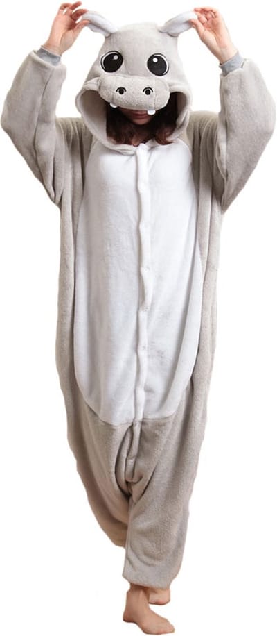 Nijlpaard Grijs Onesie Pak Kostuum Outfit Huispak Jumpsuit Verkleedpak - Verkleedkleding - Halloween & Carnaval - SnugSquad - Kinderen & Volwassenen - Unisex - Maat XL voor Lichaamslengte (173 - 195 cm)