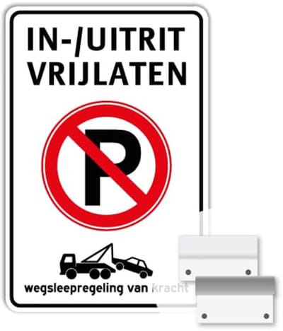 Bord in-/ uitrit vrijlaten - Verboden te parkeren - Weerbestendig Aluminium - 40x60 cm - Bevestiging: Met muur-/ wandmontage beugels