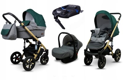 BabyLux® Kinderwagen 4in1 – SKY LARK - Grey Flex Green GOLD FRAME - Opklapbare Wandelwagen incl. Reiswieg, Multifunctionele Buggy Sportstoel, Autostoel, ISOFIX basisstation - Combi-kinderwagen met Luiertas, Regenhoes, Klamboe
