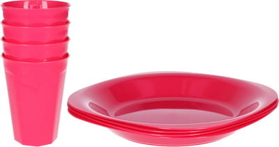 Plasticforte Verjaardag/kinder/camping borden/beker set - 8x stuks - roze - kunststof - onbreekbaar