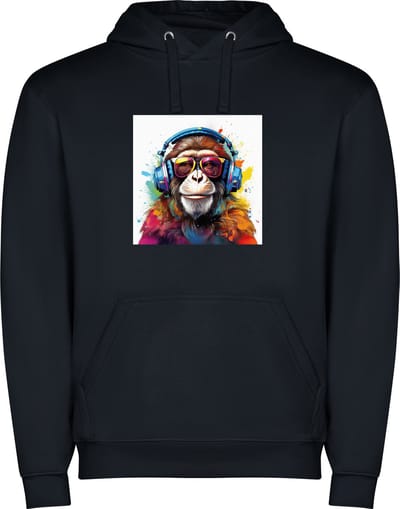 Donker Blauwe unisex hoodie met “ Kleurrijke Aap met koptelefoon“ Print Full Color merk Roly maat S