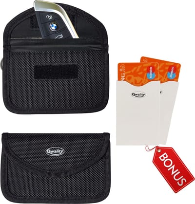 Faraday Kooi Hoesje (2 PACK) + 2X RFID kaarthouders - Brede Opening - Autosleutel RFID Antidiefstal - Keyless Entry Hoesje - Beschermhoes Autosleutel - Qwality®