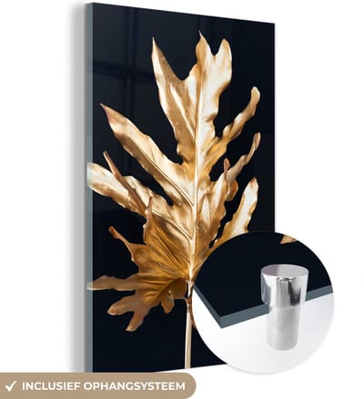 MuchoWow® Glasschilderij 120x180 cm - Schilderij acrylglas - Bladeren - Goud - Herfst - Natuur - Luxe - Foto op glas - Schilderijen