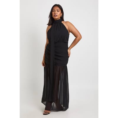 boohoo Dames Plus Halternek Jurk Met Sjaaldetail En Uitlopende Maxi Rok | Zwart | Maat: 44