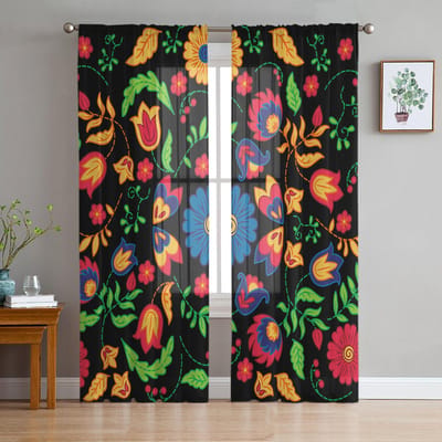 Mexicaans Festival Patroon Textuur Voile Transparante Gordijnen Woonkamer Raam Chiffon Tule Gordijn Keuken Slaapkamer Draperieën Huisdecoratie 135W x 114H(cm) white