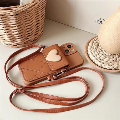 Schattig Crossbody Lanyard Ketting Riem Kaarthouder Telefoonhoesje Voor iPhone 17 16 15 14 11 12 13 Pro Max Plus 3D Liefde Hart Cover For iphone11Pro&Case & Strap brown