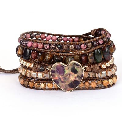 Marama - Wikkelarmband Earthy Heart - Vegan leer - Natuursteen - Dames Armband - Geschenkdoosje