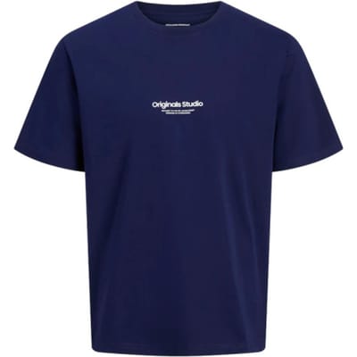 Jack & Jones blauwe heren t-shirt   Ronde hals   Regular fit   Geen zakken   Tekst patroon   Duurzaam   Korte mouw Blauw L