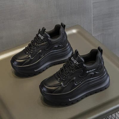 Nieuwe Dames Schoenen van Echt Leer Chunky Sneakers Plat Platform Hoogte Verhogen 7cm Merk Dames Casual Schoenen Zwart Beige DX587 39 black
