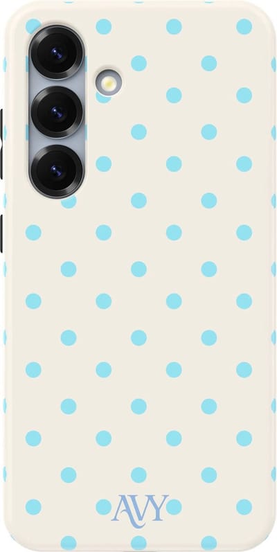 AVY Hoesje geschikt voor Samsung Galaxy S25 Plus | Riviera Dots | Polka Dots | Beige & Blauw | Hard Shell Back Cover | Compatibel met MagSafe & Qi2