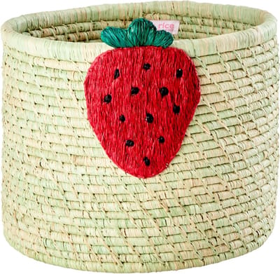 Rice ronde raffia opbergmand met aardbei print, naturel / zacht groen