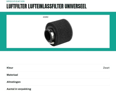 Dailygoods- Luchtfilter Universeel - Luchtfilterreiniger - Modificatie - Voor Pit Dirt Bike - ATV - 40mm
