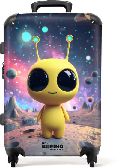 NoBoringSuitcases.com - Grote koffer - Gele alien op een planeet - Kinderkoffer geschikt voor jongen en meisjes - Reiskoffer met 4 wielen - Trolley op wieltjes - Rolkoffer groot kinderen - 72 liter - Ruimbagage valies 20kg