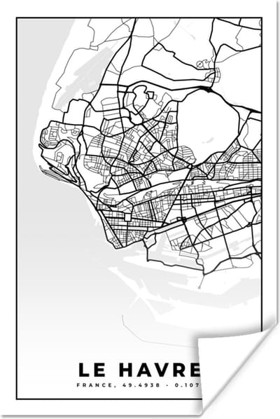 Poster Stadskaart - Frankrijk - Le Havre - Kaart - Plattegrond - Zwart wit - 120x180 cm XXL