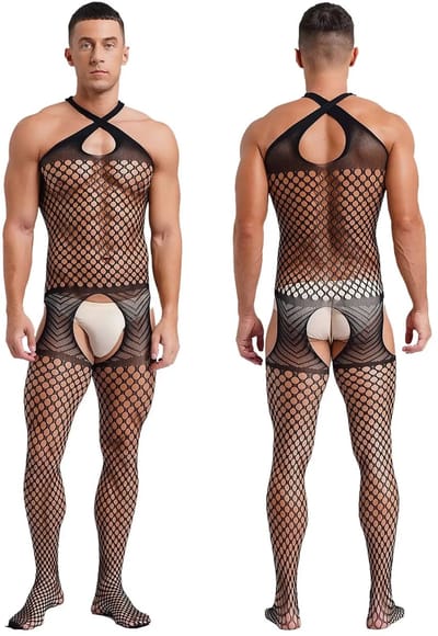 LekkerStout Heren Visnet Bodystocking - Zwart - Open Kruis - One Size M-XL | LS083