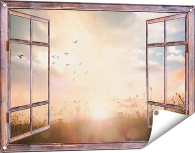 Gards Tuinposter Doorkijk Silhouet Vogels tijdens Zonsopkomst - 90x60 cm - Tuindoek - Tuindecoratie - Wanddecoratie buiten - Tuinschilderij