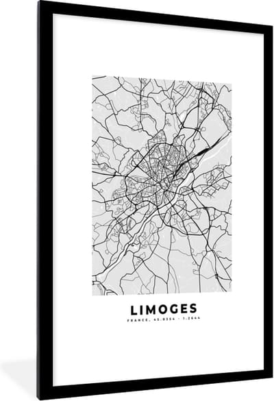 Fotolijst incl. Poster - Frankrijk - Limoges - Stadskaart - Plattegrond - Kaart - 80x120 cm - Posterlijst