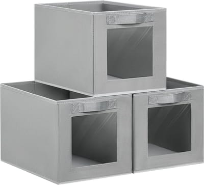 Famanu – 3 stuks stoffen opbergdozen opbergmand met transparant kijkvenster - opvouwbare opbergkist - kledingorganizer voor het opbergen van kerstballen - lichtgrijs