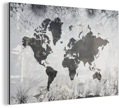 Aluminium schilderij 150x100 cm - Wanddecoratie metaal - Wereldkaart - Bloemen - Hout - Metalen muurdecoratie woonkamer - Decoratie industrieel - Foto op dibond - Industriële accessoires slaapkamer