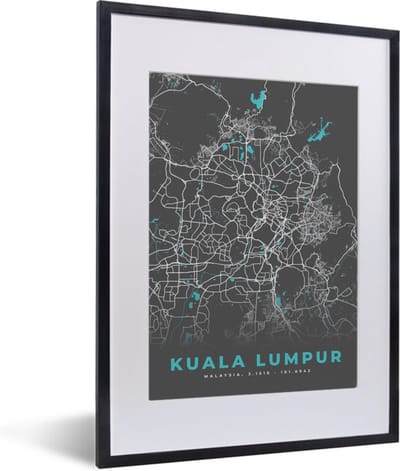 Fotolijst incl. Poster - Kuala Lumpur - Stadskaart - Plattegrond - Kaart - Blauw - 30x40 cm - Posterlijst