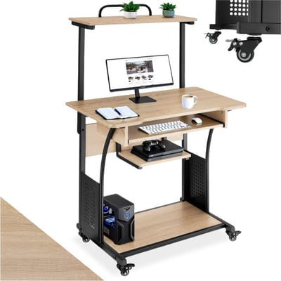 tectake® Verrijdbaar bureau met meerdere niveaus - Houten computertafel in industrieel design - Uittrekbaar toetsenbord - Bureau met wielen - Zwart metalen frame - Afmeting (LxBxH) 80 x 65,5 x 130,5 cm - Lichtbruin