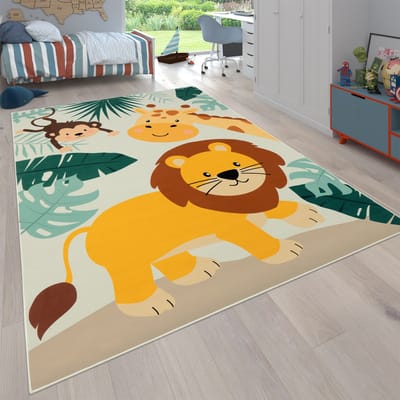 Flycarpets Binola Kindervloerkleed Kleurrijk - 160x220 cm - Speelkleed / Speelmat Dieren - Leeuw / Giraffe / Aap - Vloerkleed Kinderkamer